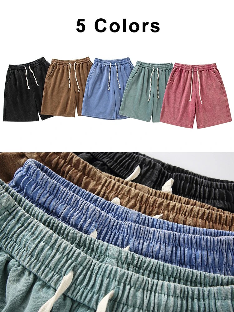 320G Heavy Cotton Summer Men's Shorts High Street Washed Short Pants Drawstring Baggy Sweatshorts Korean Fashion Casual Shorts