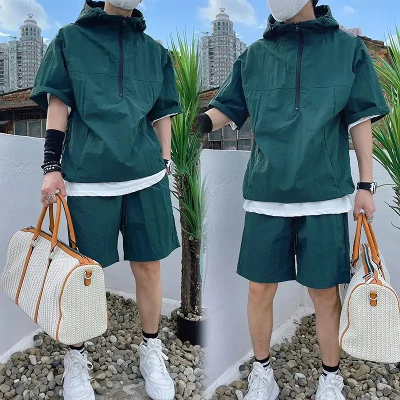 Summer Cargo Style Set Men's Casual Hooded Solid Short Sleeve T-shirt Shorts Loose Fashion High Quality Handsome Sweatshirt Suit