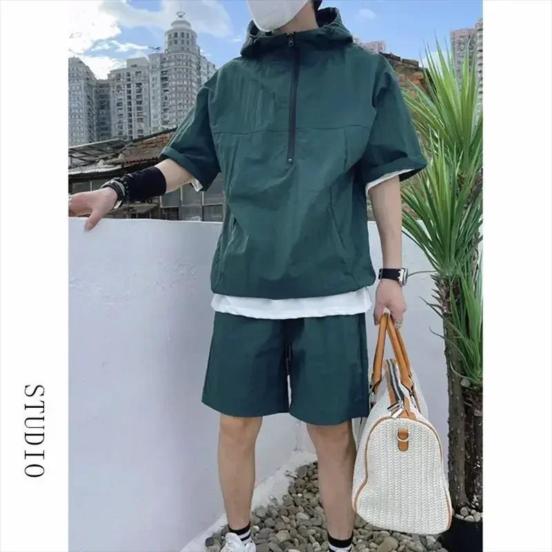 Summer Cargo Style Set Men's Casual Hooded Solid Short Sleeve T-shirt Shorts Loose Fashion High Quality Handsome Sweatshirt Suit