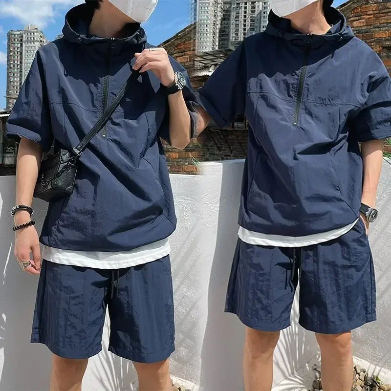 Summer Cargo Style Set Men's Casual Hooded Solid Short Sleeve T-shirt Shorts Loose Fashion High Quality Handsome Sweatshirt Suit