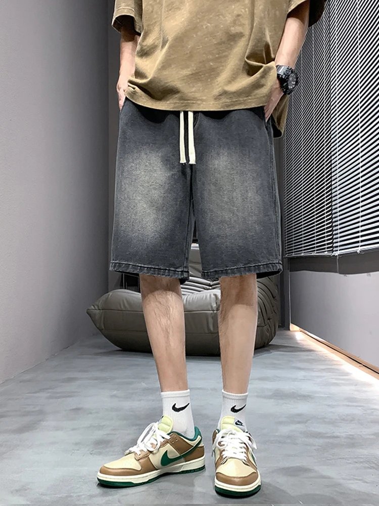 2024 New Summer Denim Shorts Men Korean Fashion Washed Cotton Baggy Short Jeans Pants Drawstring Loose Straight Casual Shorts