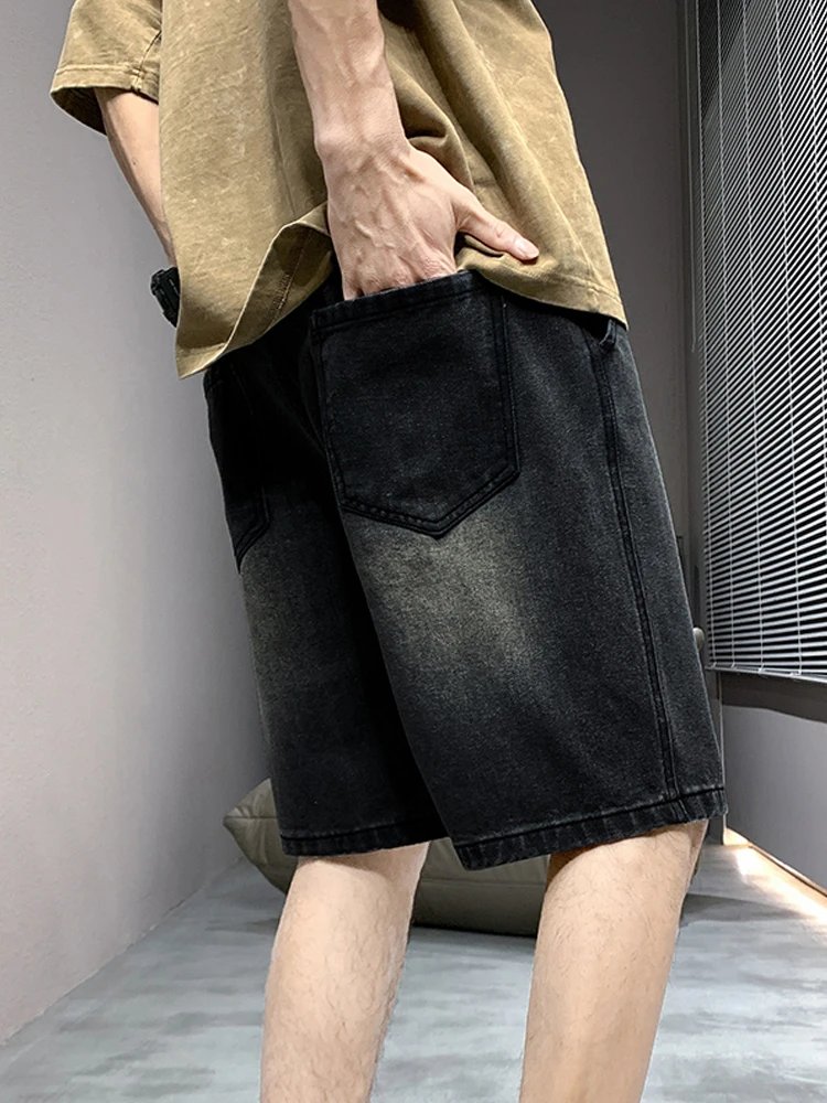 2024 New Summer Denim Shorts Men Korean Fashion Washed Cotton Baggy Short Jeans Pants Drawstring Loose Straight Casual Shorts