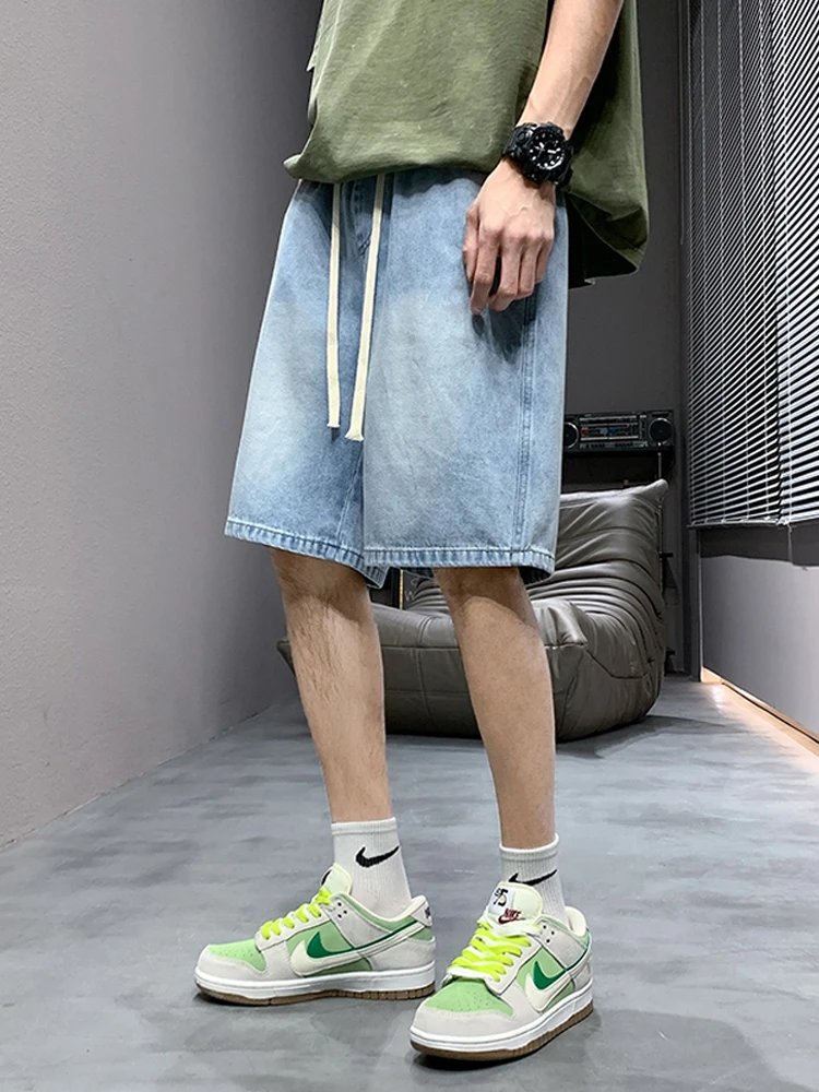 2024 New Summer Denim Shorts Men Korean Fashion Washed Cotton Baggy Short Jeans Pants Drawstring Loose Straight Casual Shorts