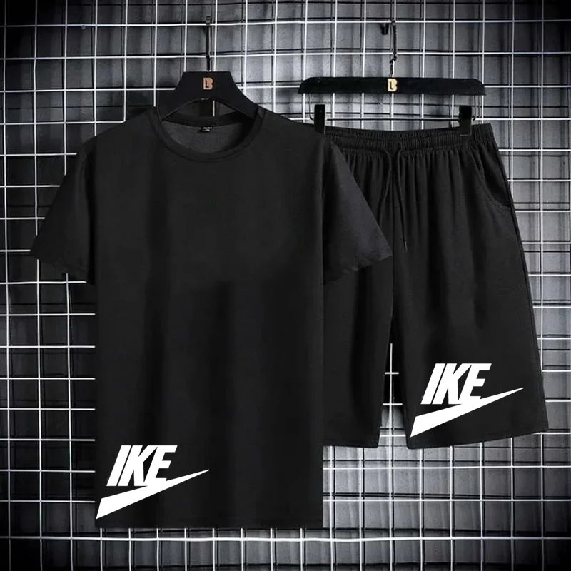 Men's short-sleeved T-shirt and sports shorts set, casual office style, Korean fashion, summer short-sleeved T-shirt set