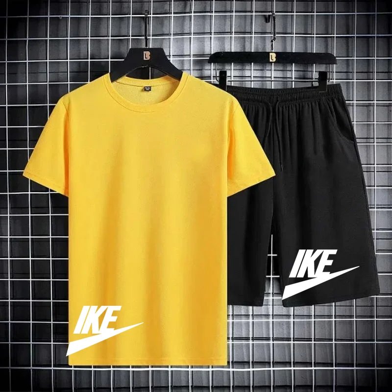 Men's short-sleeved T-shirt and sports shorts set, casual office style, Korean fashion, summer short-sleeved T-shirt set