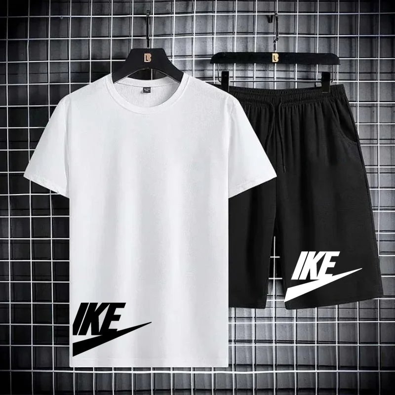 Men's short-sleeved T-shirt and sports shorts set, casual office style, Korean fashion, summer short-sleeved T-shirt set