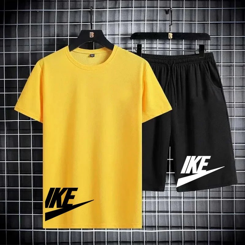 Men's short-sleeved T-shirt and sports shorts set, casual office style, Korean fashion, summer short-sleeved T-shirt set