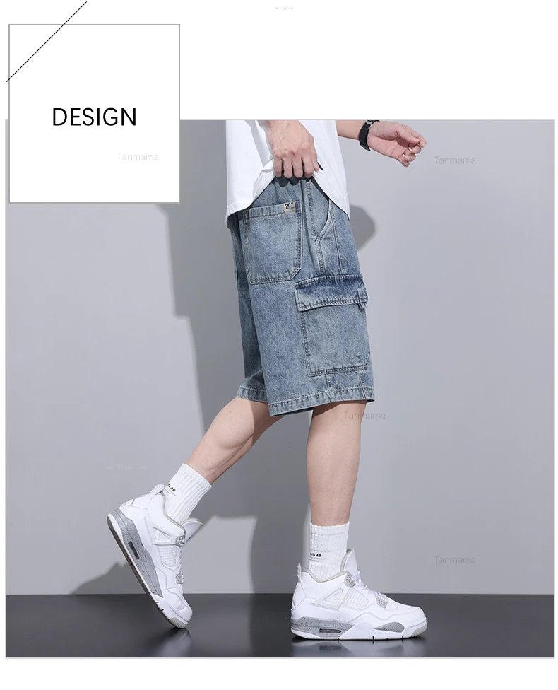 Summer New Men's Denim Shorts Elastic Waist Baggy Casual Knee-length Cargo Pants Fashion Korean Oversized Streetwear Blue Grey