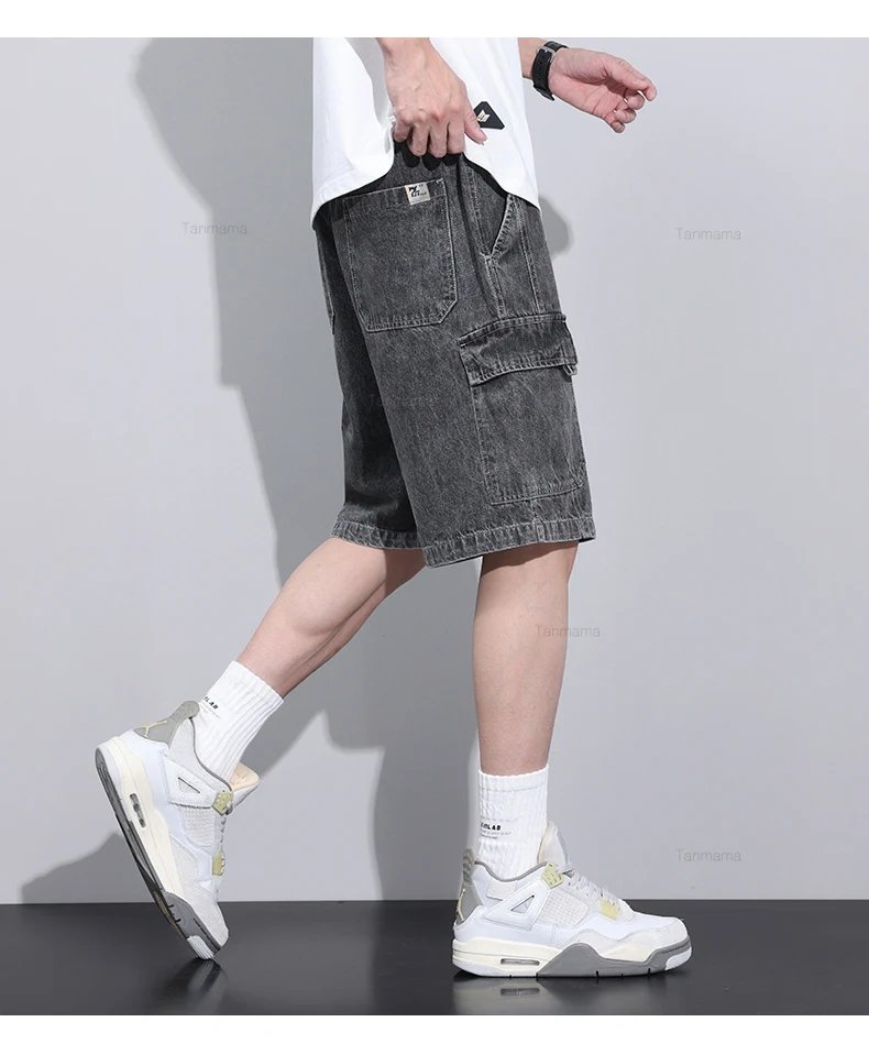 Summer New Men's Denim Shorts Elastic Waist Baggy Casual Knee-length Cargo Pants Fashion Korean Oversized Streetwear Blue Grey