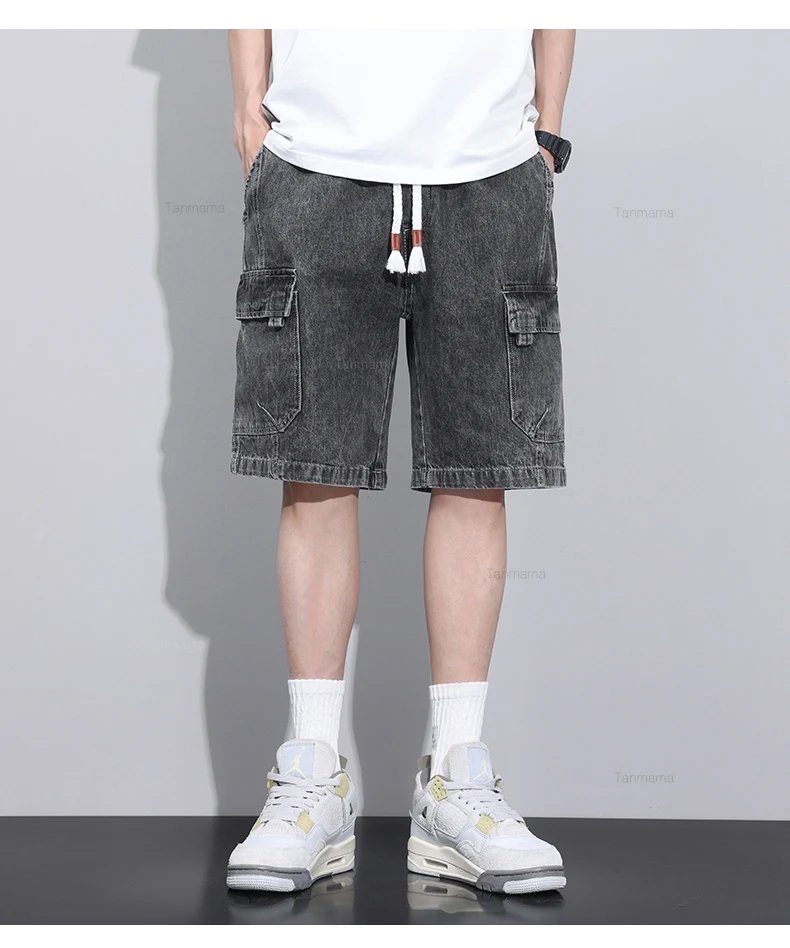 Summer New Men's Denim Shorts Elastic Waist Baggy Casual Knee-length Cargo Pants Fashion Korean Oversized Streetwear Blue Grey