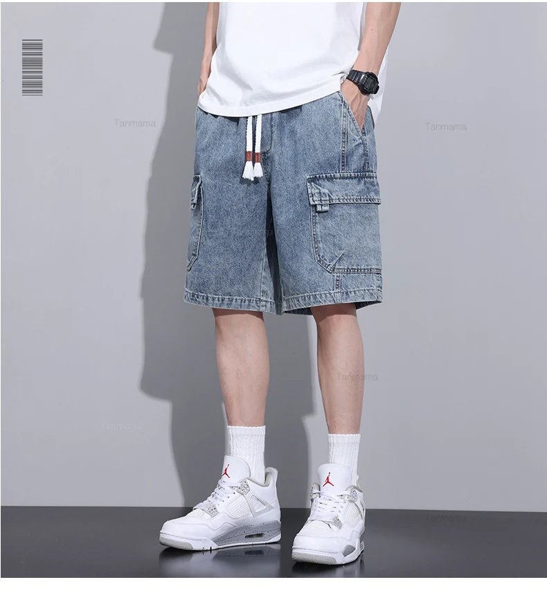 Summer New Men's Denim Shorts Elastic Waist Baggy Casual Knee-length Cargo Pants Fashion Korean Oversized Streetwear Blue Grey