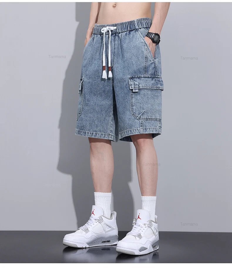 Summer New Men's Denim Shorts Elastic Waist Baggy Casual Knee-length Cargo Pants Fashion Korean Oversized Streetwear Blue Grey