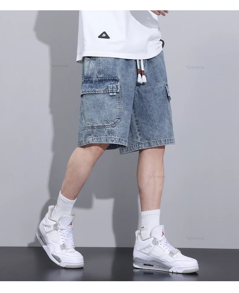 Summer New Men's Denim Shorts Elastic Waist Baggy Casual Knee-length Cargo Pants Fashion Korean Oversized Streetwear Blue Grey