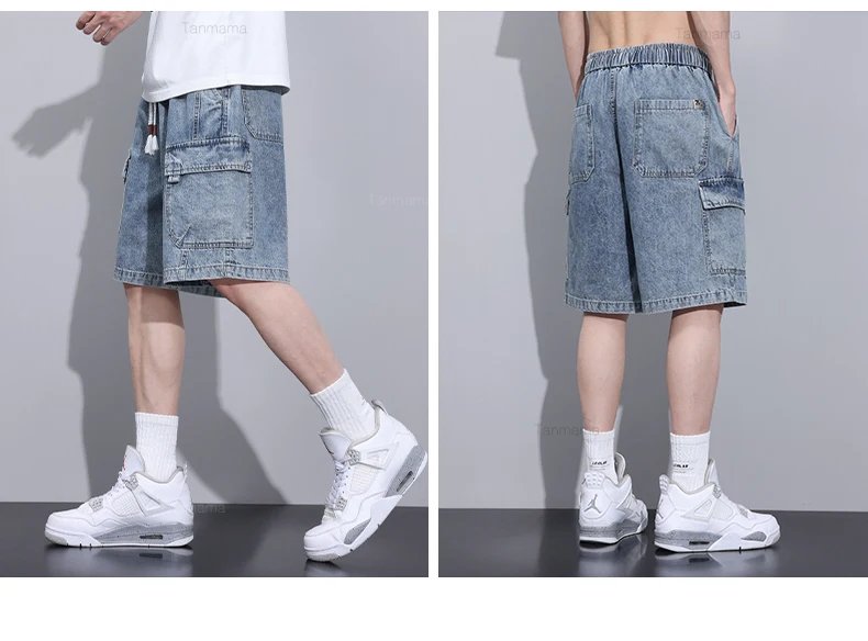 Summer New Men's Denim Shorts Elastic Waist Baggy Casual Knee-length Cargo Pants Fashion Korean Oversized Streetwear Blue Grey