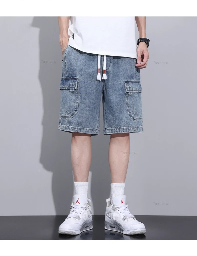 Summer New Men's Denim Shorts Elastic Waist Baggy Casual Knee-length Cargo Pants Fashion Korean Oversized Streetwear Blue Grey