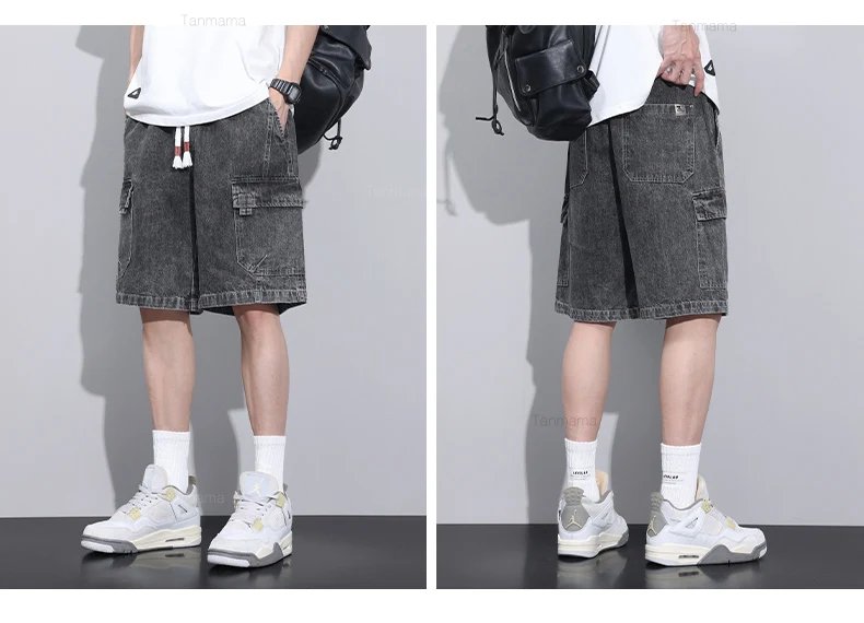 Summer New Men's Denim Shorts Elastic Waist Baggy Casual Knee-length Cargo Pants Fashion Korean Oversized Streetwear Blue Grey