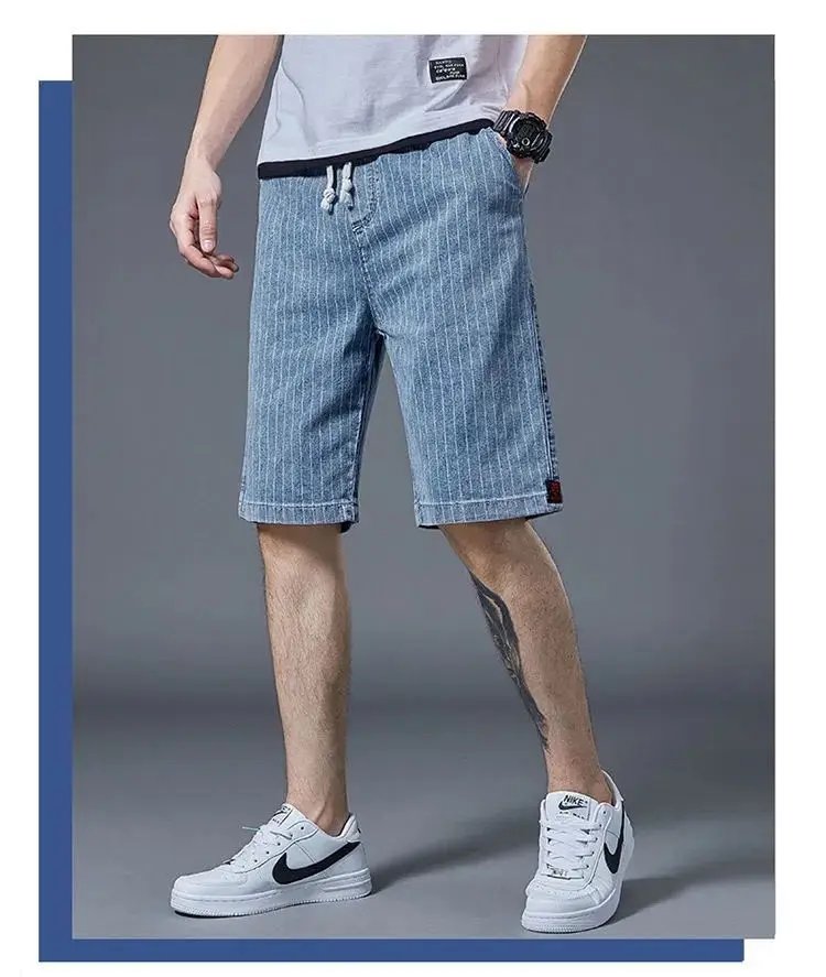 Summer Men Casual Striped Denim Shorts Koreon Streetwear Fashion Elastic Waist Baggy Male Thin Beach Sports Knee Length Jeans