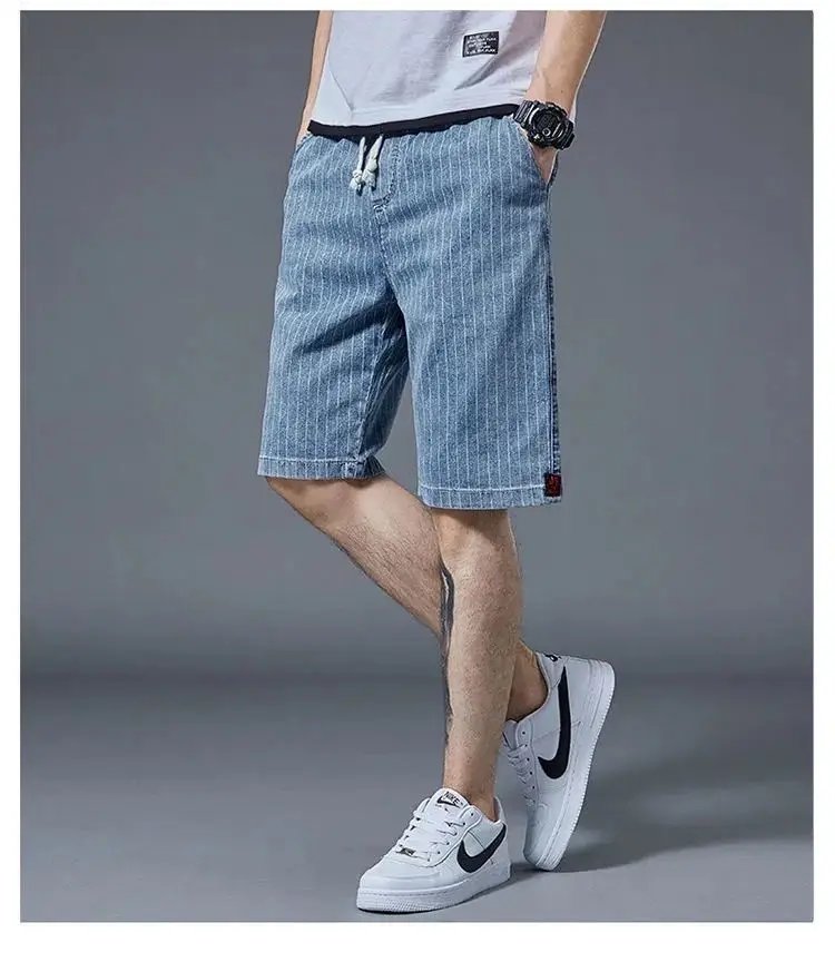 Summer Men Casual Striped Denim Shorts Koreon Streetwear Fashion Elastic Waist Baggy Male Thin Beach Sports Knee Length Jeans