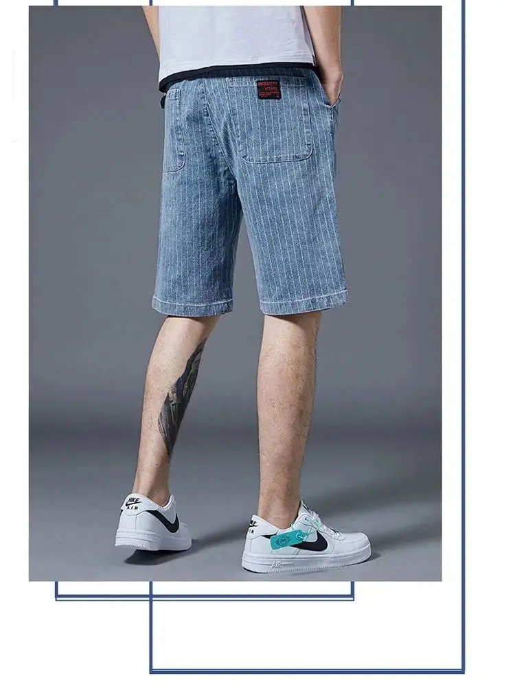 Summer Men Casual Striped Denim Shorts Koreon Streetwear Fashion Elastic Waist Baggy Male Thin Beach Sports Knee Length Jeans