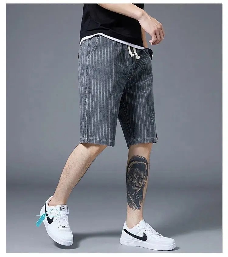 Summer Men Casual Striped Denim Shorts Koreon Streetwear Fashion Elastic Waist Baggy Male Thin Beach Sports Knee Length Jeans