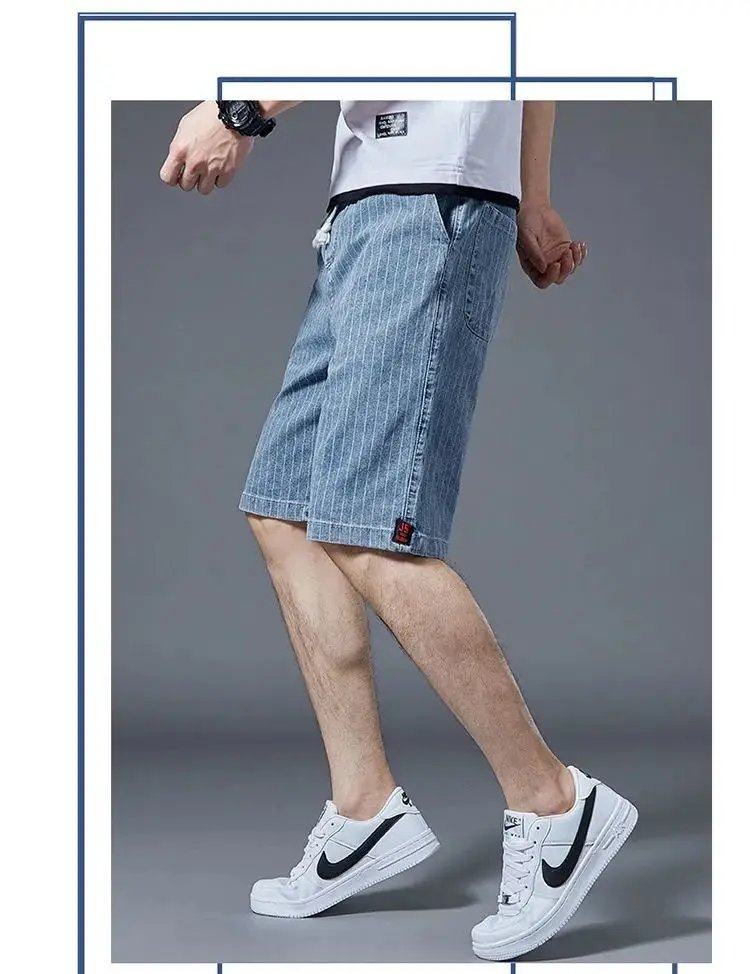 Summer Men Casual Striped Denim Shorts Koreon Streetwear Fashion Elastic Waist Baggy Male Thin Beach Sports Knee Length Jeans