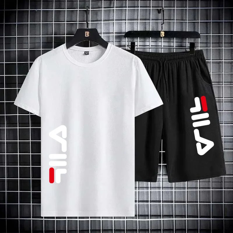 2024 new summer men's suit fashion Korean sportswear men's short sleeve T-shirt + sportswear shorts men's casual printed clothin