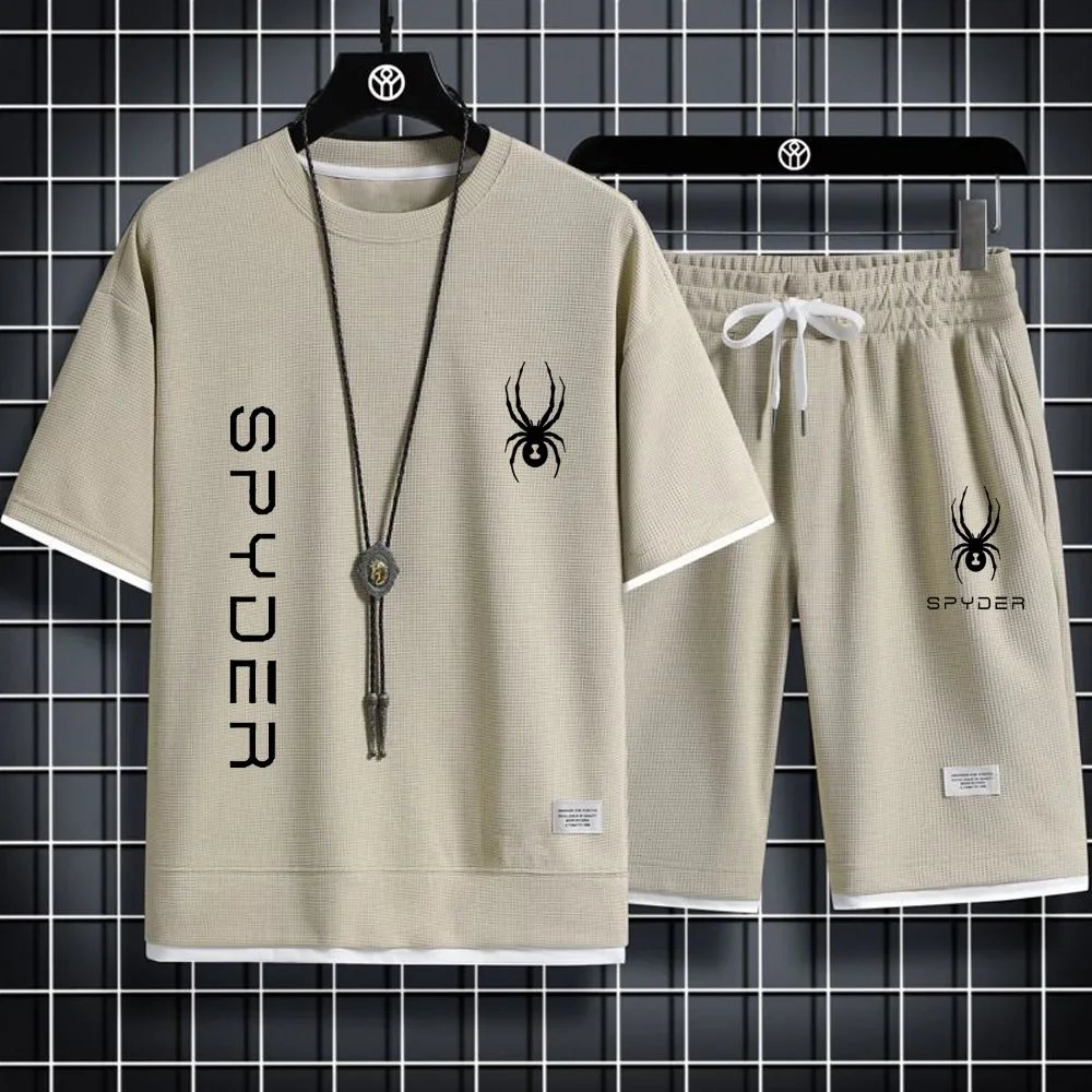 SPYDER Summer Men Clothing Tracksuit Sets Korea Fashion Harajuku Tracksuit Men 2 Piece Set Casual Short Sleeve T Shirts+Shorts