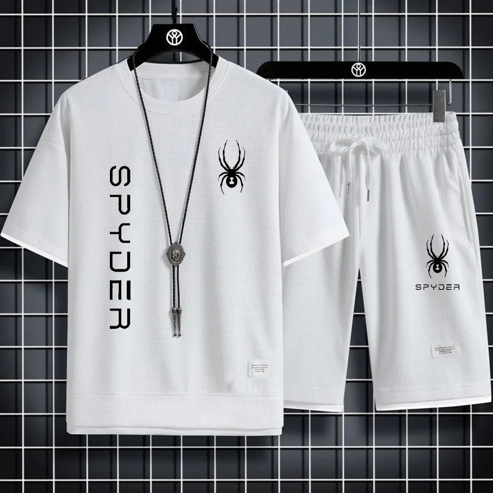 SPYDER Summer Men Clothing Tracksuit Sets Korea Fashion Harajuku Tracksuit Men 2 Piece Set Casual Short Sleeve T Shirts+Shorts