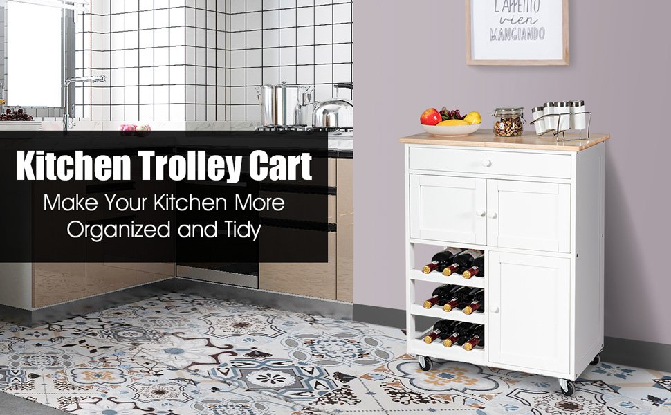 Giantex Kitchen Island Cart, Rolling Kitchen Trolley Cart, Wood Storage Cabinet with Large Drawer, 9 Wine Bottles Rack, Modern