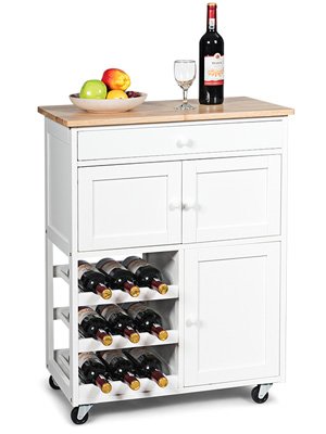 Giantex Kitchen Island Cart, Rolling Kitchen Trolley Cart, Wood Storage Cabinet with Large Drawer, 9 Wine Bottles Rack, Modern