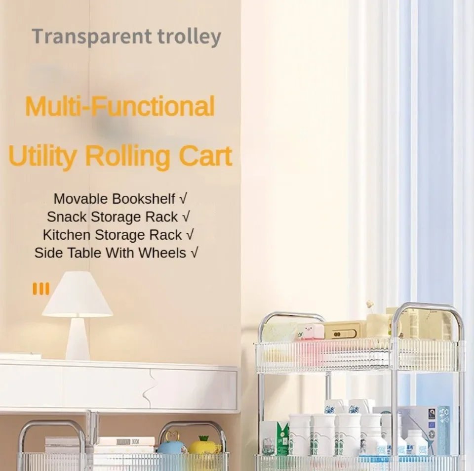 Storage Trolley Transparent Acrylic Rack Cart Cosmetics With Baskets Bedroom Living Room Snack Storage Shelf Kitchen Trolleys