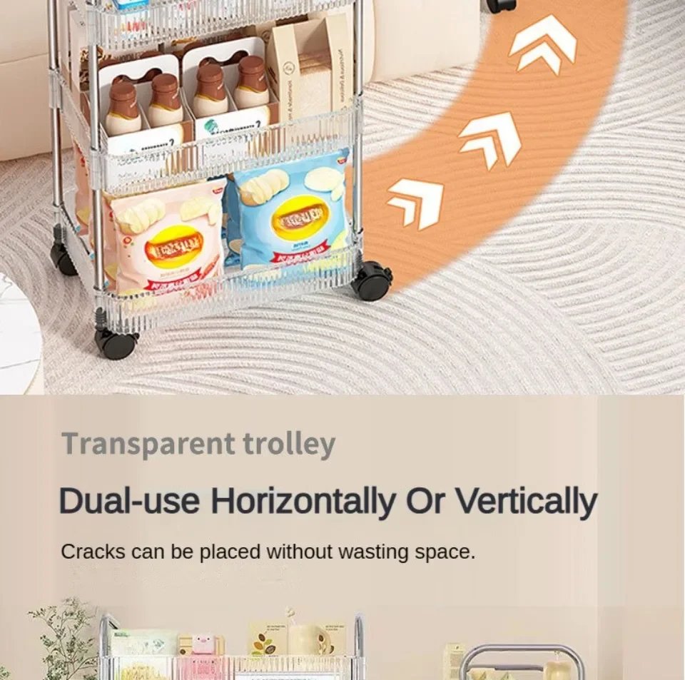 Storage Trolley Transparent Acrylic Rack Cart Cosmetics With Baskets Bedroom Living Room Snack Storage Shelf Kitchen Trolleys