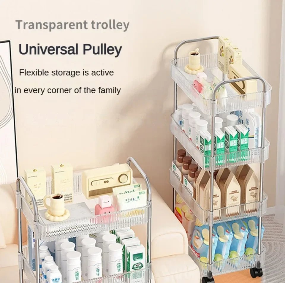 Storage Trolley Transparent Acrylic Rack Cart Cosmetics With Baskets Bedroom Living Room Snack Storage Shelf Kitchen Trolleys