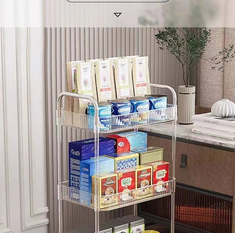 Storage Trolley Transparent Acrylic Rack Cart Cosmetics With Baskets Bedroom Living Room Snack Storage Shelf Kitchen Trolleys