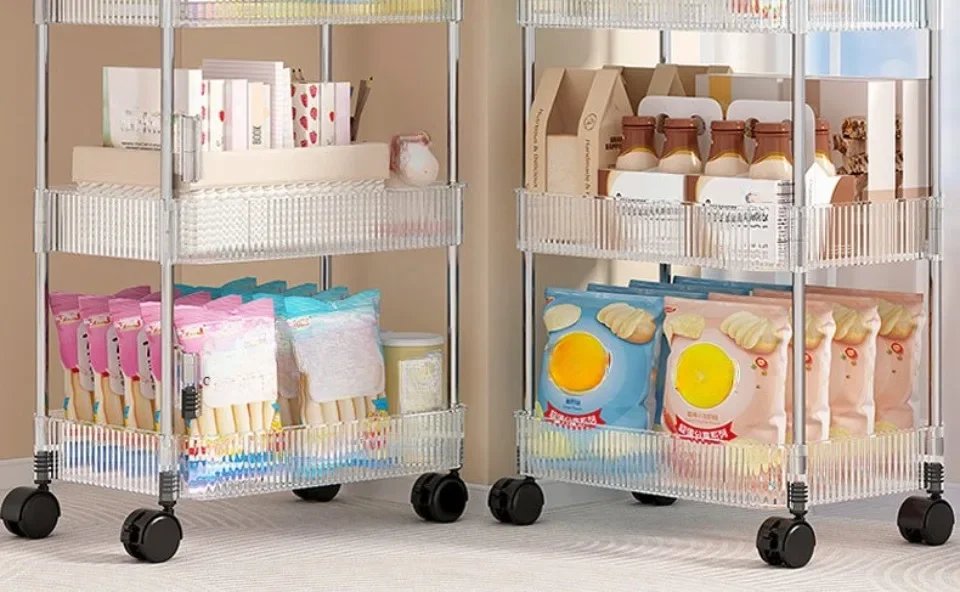 Storage Trolley Transparent Acrylic Rack Cart Cosmetics With Baskets Bedroom Living Room Snack Storage Shelf Kitchen Trolleys