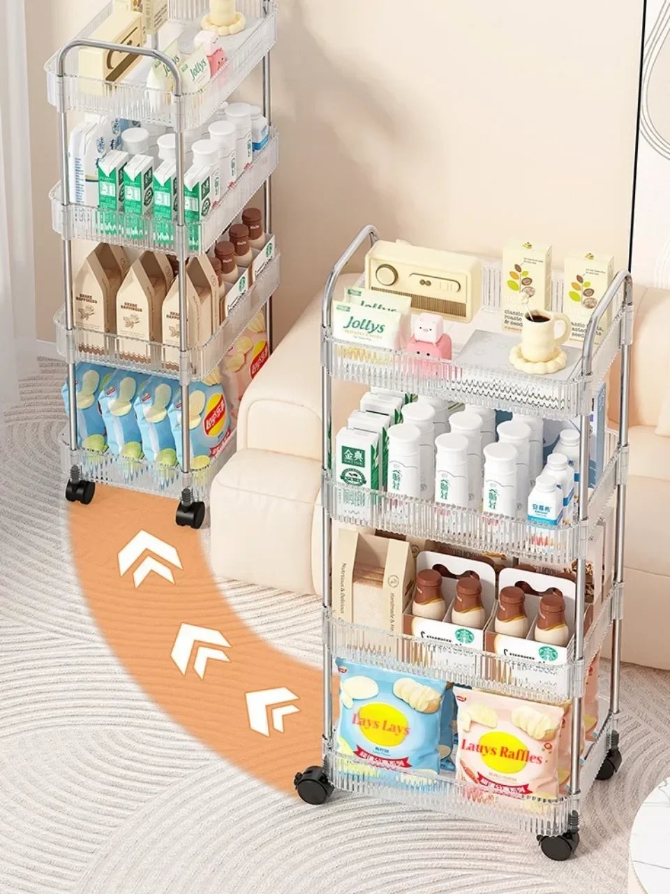 Transparent Acrylic Trolley Storage Rack Multilayer Rolling Cart with Removable Hanging Basket Bathroom Acrylic Makeup Bookshelf