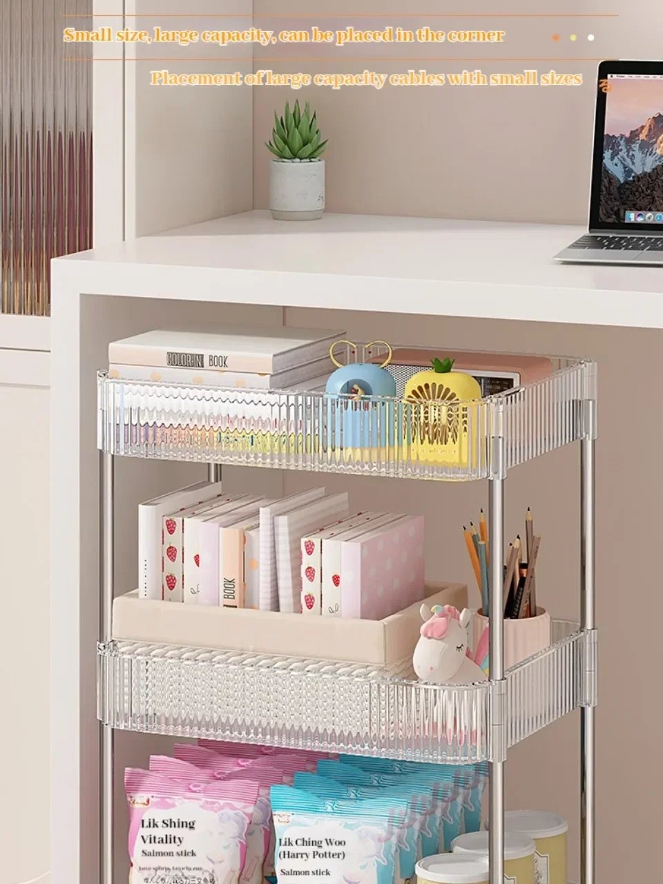 Transparent Acrylic Trolley Storage Rack Multilayer Rolling Cart with Removable Hanging Basket Bathroom Acrylic Makeup Bookshelf