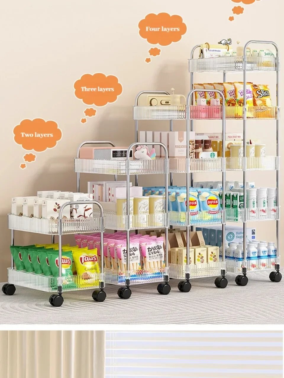 Transparent Acrylic Trolley Storage Rack Multilayer Rolling Cart with Removable Hanging Basket Bathroom Acrylic Makeup Bookshelf