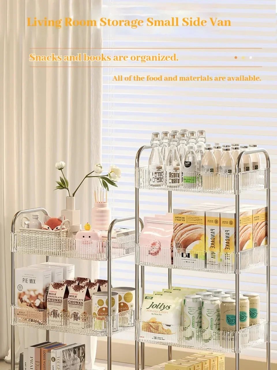 Transparent Acrylic Trolley Storage Rack Multilayer Rolling Cart with Removable Hanging Basket Bathroom Acrylic Makeup Bookshelf