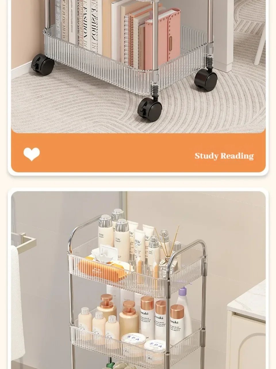 Transparent Acrylic Trolley Storage Rack Multilayer Rolling Cart with Removable Hanging Basket Bathroom Acrylic Makeup Bookshelf