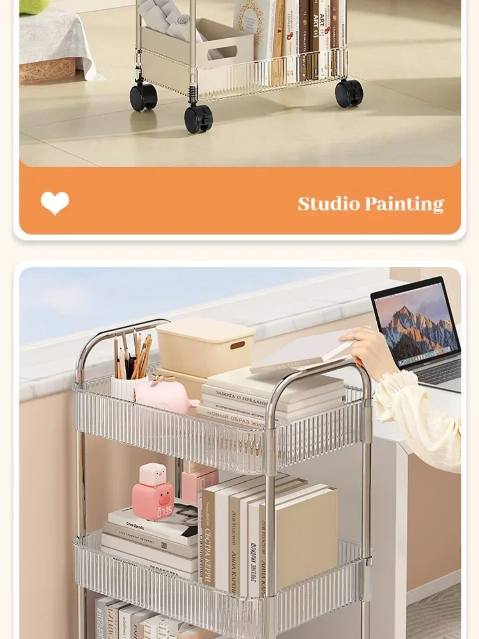 Transparent Acrylic Trolley Storage Rack Multilayer Rolling Cart with Removable Hanging Basket Bathroom Acrylic Makeup Bookshelf