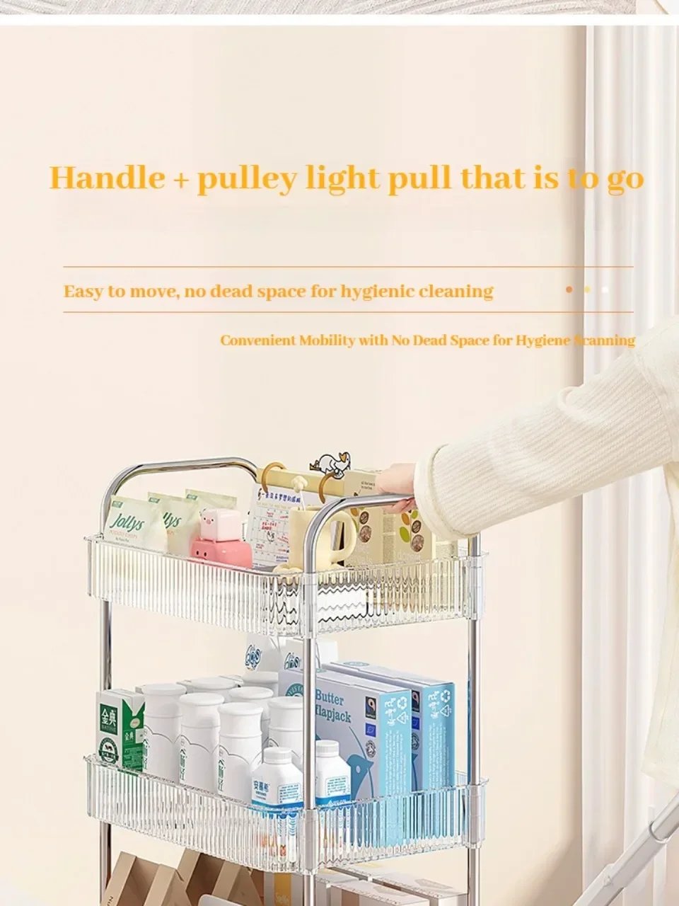 Transparent Acrylic Trolley Storage Rack Multilayer Rolling Cart with Removable Hanging Basket Bathroom Acrylic Makeup Bookshelf