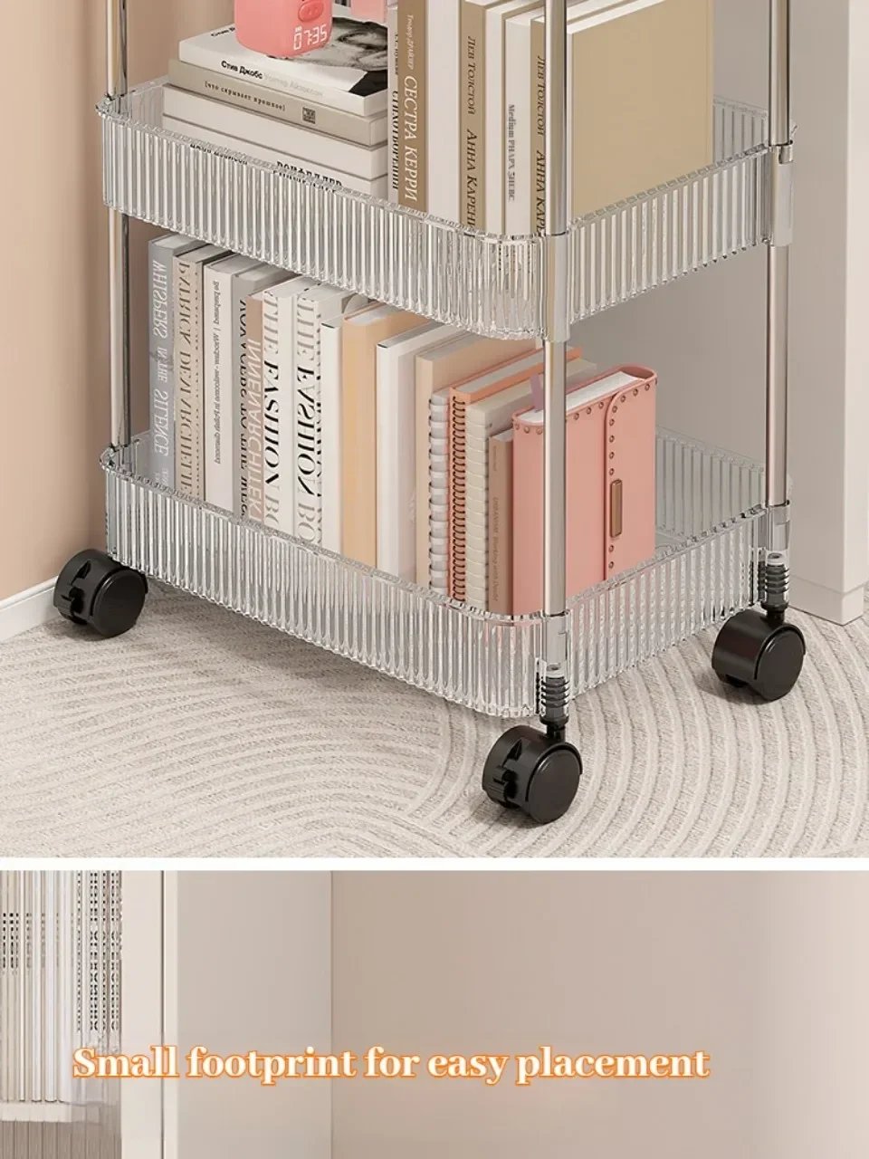 Transparent Acrylic Trolley Storage Rack Multilayer Rolling Cart with Removable Hanging Basket Bathroom Acrylic Makeup Bookshelf