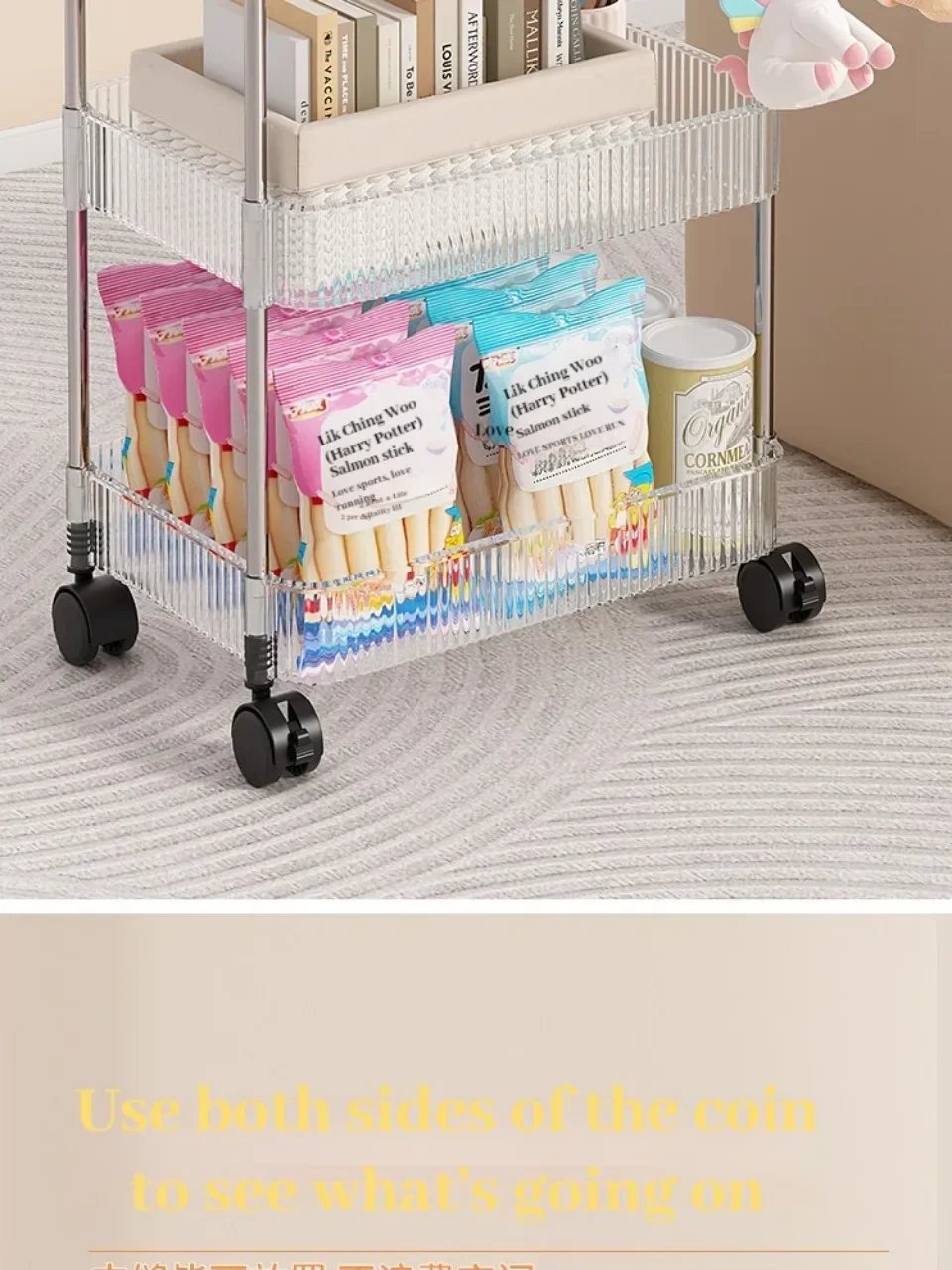 Transparent Acrylic Trolley Storage Rack Multilayer Rolling Cart with Removable Hanging Basket Bathroom Acrylic Makeup Bookshelf