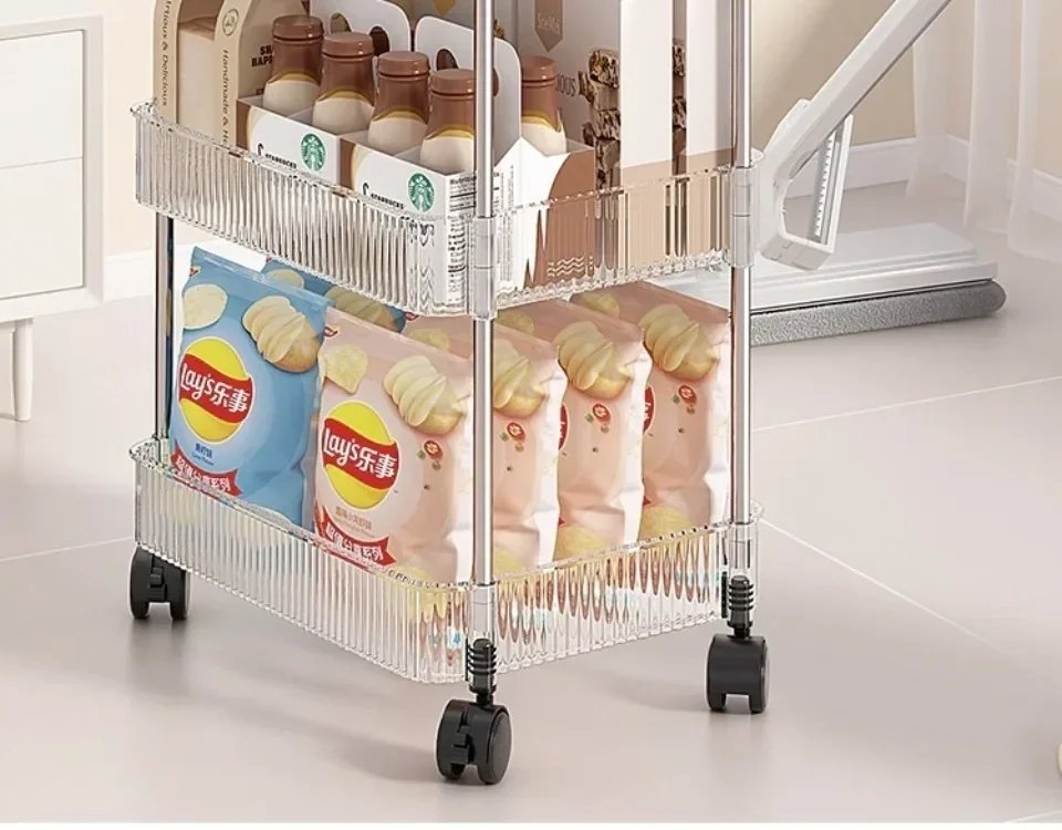 Transparent Acrylic Trolley Storage Rack Multilayer Rolling Cart with Removable Hanging Basket Bathroom Acrylic Makeup Bookshelf