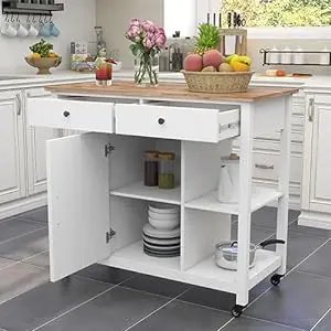 ChooChoo Kitchen Islands on Wheels with Wood Top, Utility Wood Movable Kitchen Cart with Storage and Drawers, Black