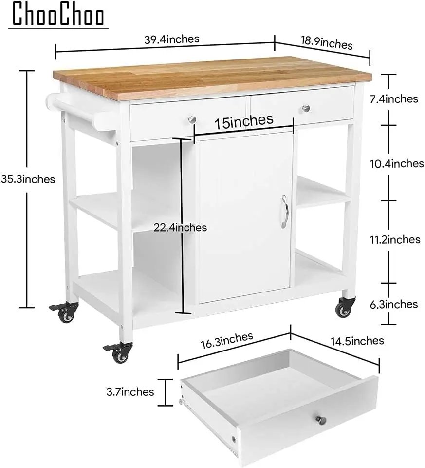 ChooChoo Kitchen Islands on Wheels with Wood Top, Utility Wood Movable Kitchen Cart with Storage and Drawers, Black