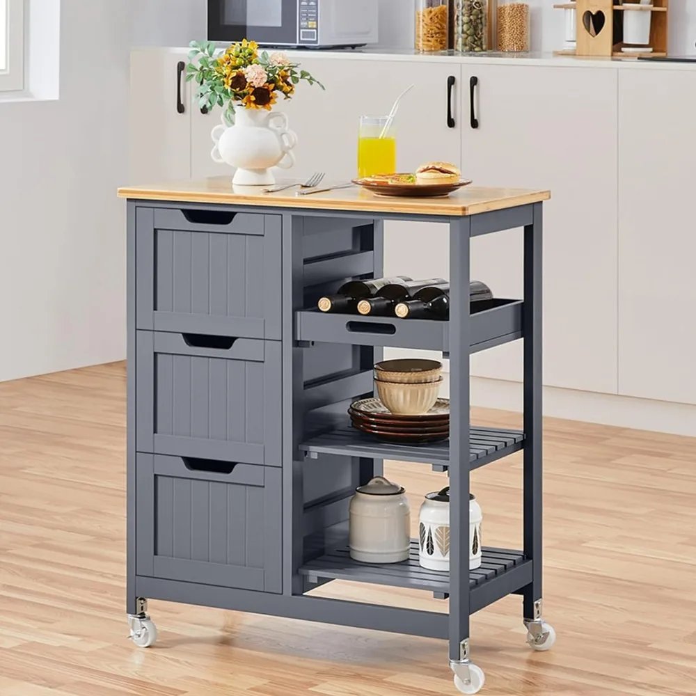 Kitchen Island Cart on Wheels with Storage, Rolling Bar Cart with Solid Wood Top and 3 Drawers, 3 Removable Shelves