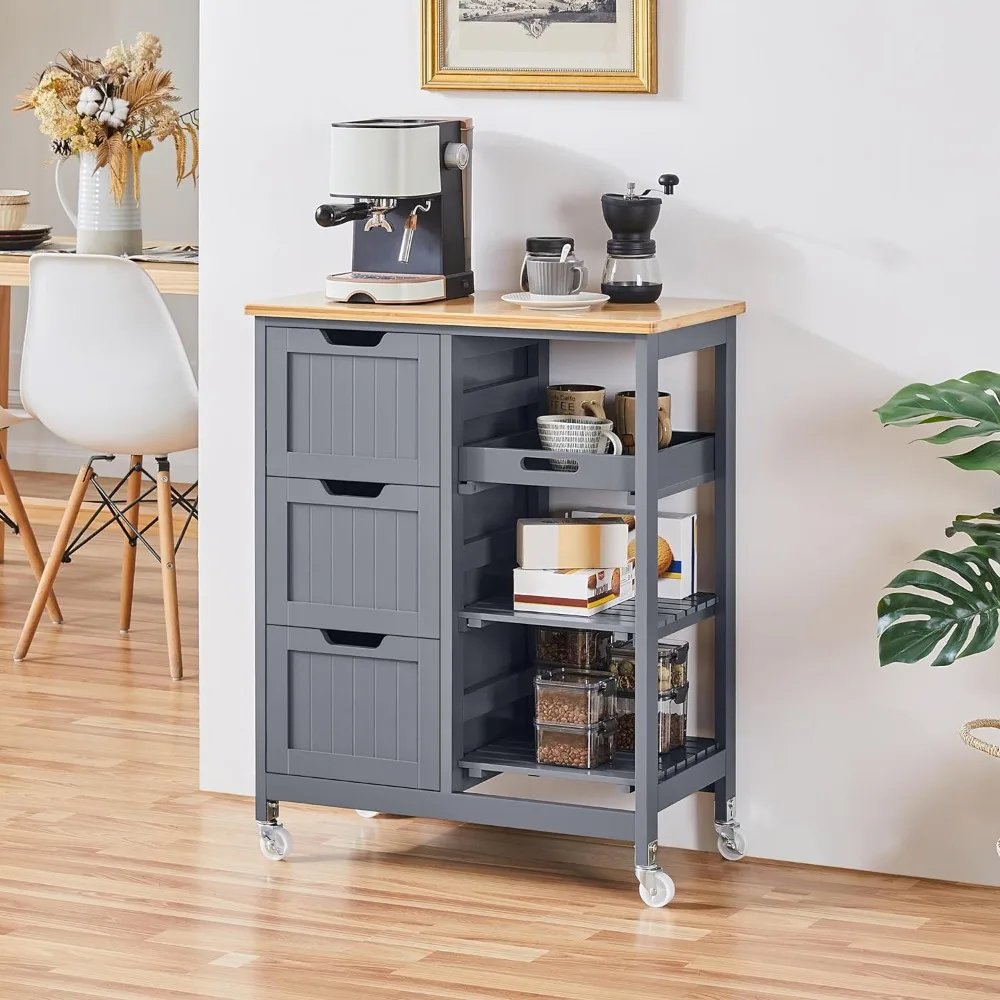 Kitchen Island Cart on Wheels with Storage, Rolling Bar Cart with Solid Wood Top and 3 Drawers, 3 Removable Shelves