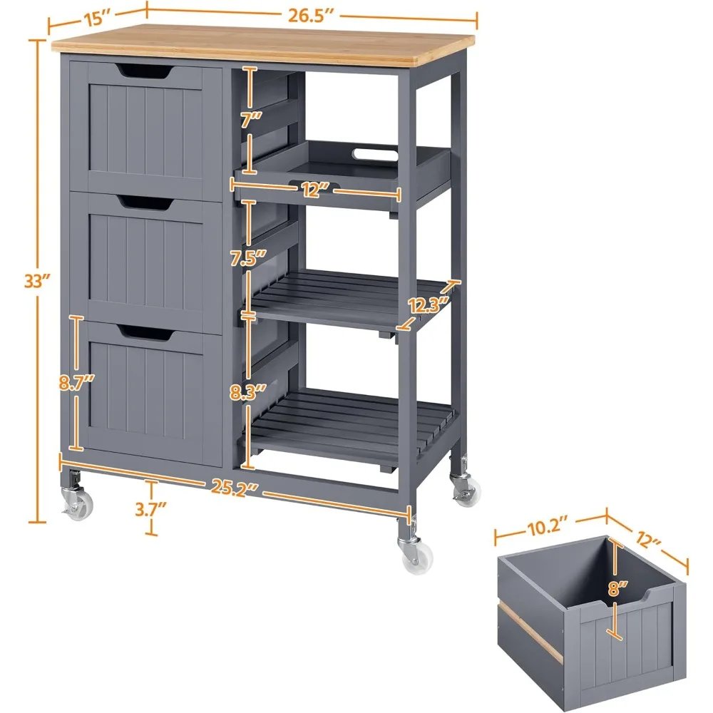 Kitchen Island Cart on Wheels with Storage, Rolling Bar Cart with Solid Wood Top and 3 Drawers, 3 Removable Shelves